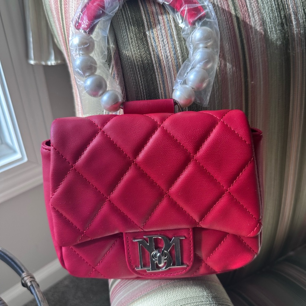 Badgley Mishka Red Quilted Handbag with Pearl Handle